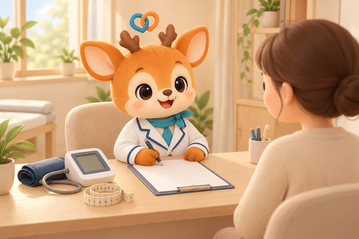 한의사 가운을 입은 아기사슴 캐릭터가 줄자와 혈압계, 문진표를 놓고 상담을 준비하는 그림