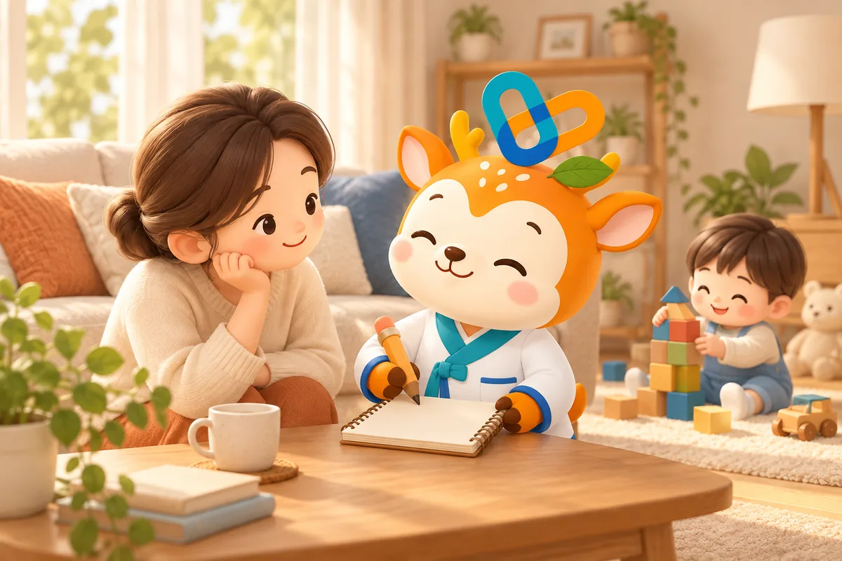 보호자가 아이 모르게 틱 증상의 변화를 공책에 기록하는 장면 일러스트